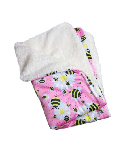 Pink - Ultra Soft Minky/Plush Bumblebee and Flowers Blanket - One Size