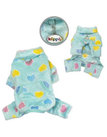 Blue - Ultra Plush Colorful Hearts Turtleneck Pajamas - M