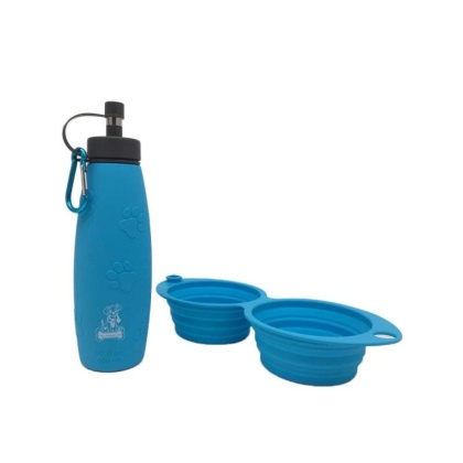 12oz Dual Sided Collapsible Bowl and 20oz Water Bottle - Mr. Peanut's Pet Feeder 2 in 1 Travel Set -