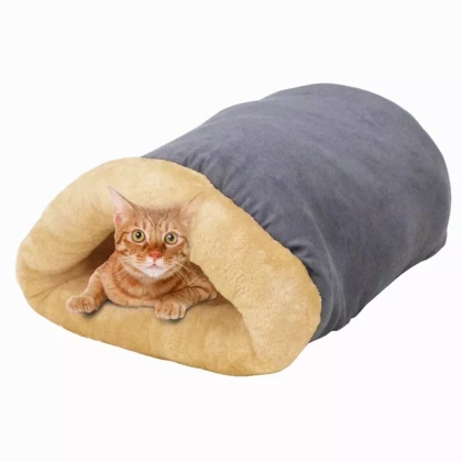 Grey - GOOPAWS 4 in 1 Self Warming Burrow Cat Bed, Pet Hideway Sleeping Cuddle Cave - 22" x14" x10"
