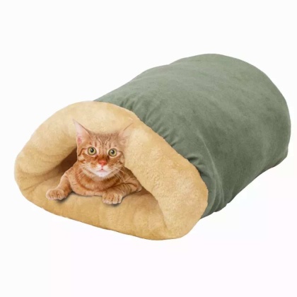 Sage Green - GOOPAWS 4 in 1 Self Warming Burrow Cat Bed, Pet Hideway Sleeping Cuddle Cave - 22" x14" x10"