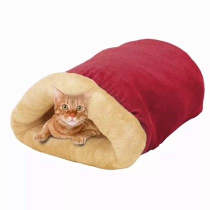 Burgundy - GOOPAWS 4 in 1 Self Warming Burrow Cat Bed, Pet Hideway Sleeping Cuddle Cave - 22" x14" x10"