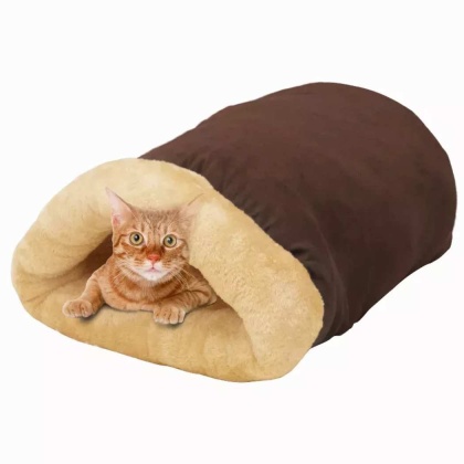 Coffee - GOOPAWS 4 in 1 Self Warming Burrow Cat Bed, Pet Hideway Sleeping Cuddle Cave - 22" x14" x10"
