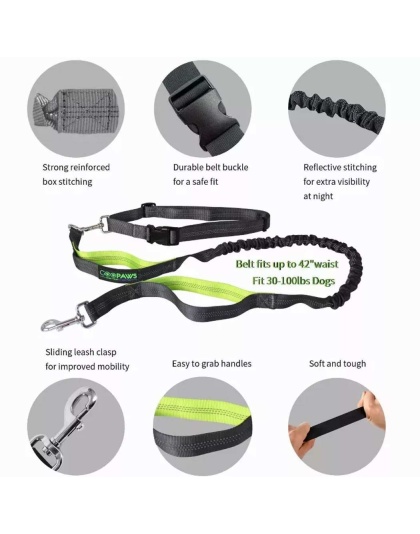 Grey - JESPET Hands Free Dog Leash for Running, Walking, Hiking Jogging for Medium & Large Dogs up to 150lbs, Durable Dual Handle Waist Leash with Reflective Bungee and Adjustable Waist - 1'' x 48''