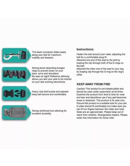 Grey - JESPET Hands Free Dog Leash for Running, Walking, Hiking Jogging for Medium & Large Dogs up to 150lbs, Durable Dual Handle Waist Leash with Reflective Bungee and Adjustable Waist - 1'' x 48''