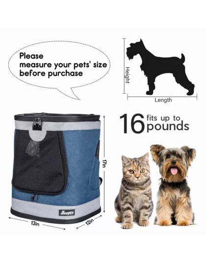Blue Grey - JESPET Pet Backpack Carrier for Small Dog, Puppy, Soft Carrier Backpack Ideal for Traveling, Hiking, Walking and Outdoor Activities with Family - 13"x 12"x 17"