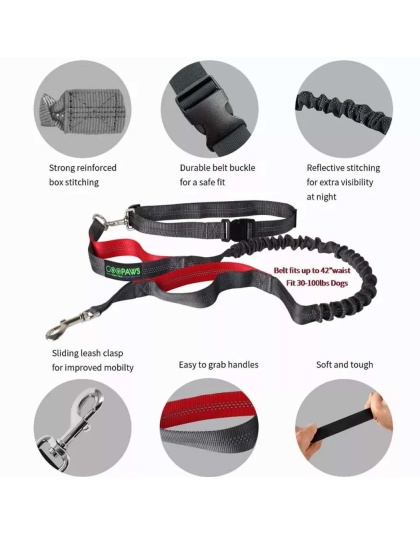 Red - JESPET Hands Free Dog Leash for Running, Walking, Hiking Jogging for Medium & Large Dogs up to 150lbs, Durable Dual Handle Waist Leash with Reflective Bungee and Adjustable Waist - 1'' x 48''