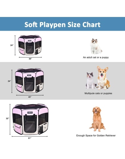 Pink - JESPET Pet Dog Playpens 36", 45" & 61" Portable Soft Dog Exercise Pen Kennel with Carry Bag for Puppy Cats Kittens Rabbits, Indoor/Outdoor Use - 45x45x24 Inch