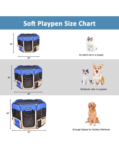 Blue - JESPET Pet Dog Playpens 36", 45" & 61" Portable Soft Dog Exercise Pen Kennel with Carry Bag for Puppy Cats Kittens Rabbits, Indoor/Outdoor Use - 61x61x30 Inch