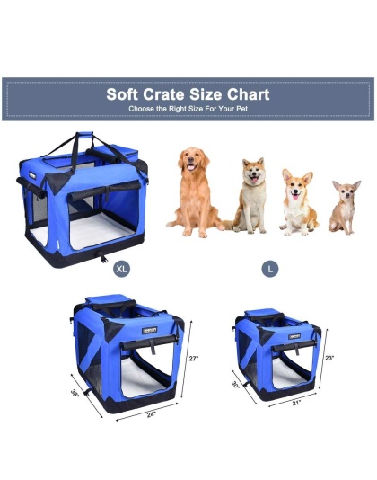 Blue - JESPET Soft Pet Crates Kennel, 3 Door Soft Sided Folding Travel Pet Carrier with Straps and Fleece Mat for Dogs, Cats, Rabbits, Indoor/Outdoor Use with Grey, Blue & Beige, Black - 36"L x 24"W x 27"H