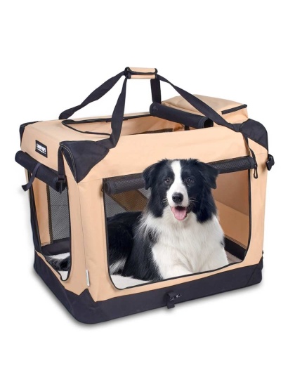 Beige - JESPET Soft Pet Crates Kennel, 3 Door Soft Sided Folding Travel Pet Carrier with Straps and Fleece Mat for Dogs, Cats, Rabbits, Indoor/Outdoor Use with Grey, Blue & Beige, Black - 36"L x 24"W x 27"H
