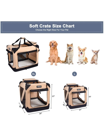 Beige - JESPET Soft Pet Crates Kennel, 3 Door Soft Sided Folding Travel Pet Carrier with Straps and Fleece Mat for Dogs, Cats, Rabbits, Indoor/Outdoor Use with Grey, Blue & Beige, Black - 36"L x 24"W x 27"H