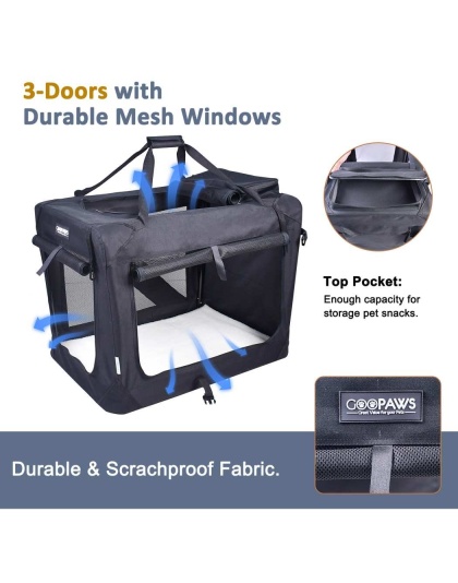 Black - JESPET Soft Pet Crates Kennel, 3 Door Soft Sided Folding Travel Pet Carrier with Straps and Fleece Mat for Dogs, Cats, Rabbits, Indoor/Outdoor Use with Grey, Blue & Beige, Black - 36"L x 24"W x 27"H