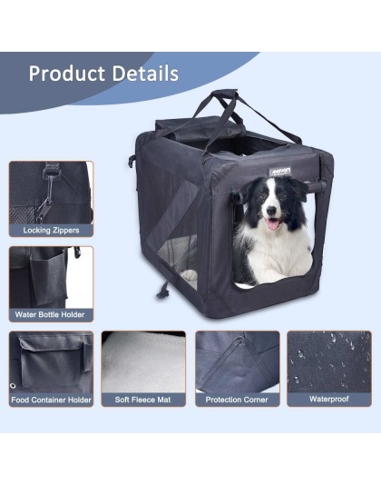Black - JESPET Soft Pet Crates Kennel, 3 Door Soft Sided Folding Travel Pet Carrier with Straps and Fleece Mat for Dogs, Cats, Rabbits, Indoor/Outdoor Use with Grey, Blue & Beige, Black - 36"L x 24"W x 27"H