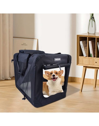 Black - JESPET Soft Pet Crates Kennel, 3 Door Soft Sided Folding Travel Pet Carrier with Straps and Fleece Mat for Dogs, Cats, Rabbits, Indoor/Outdoor Use with Grey, Blue & Beige, Black - 36"L x 24"W x 27"H