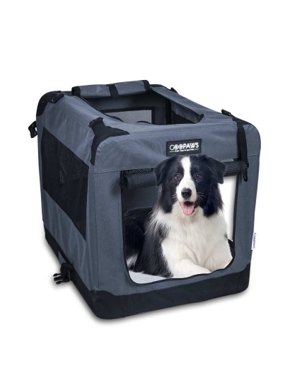 Grey - JESPET Soft Pet Crates Kennel, 3 Door Soft Sided Folding Travel Pet Carrier with Straps and Fleece Mat for Dogs, Cats, Rabbits, Indoor/Outdoor Use with Grey, Blue & Beige, Black - 36"L x 24"W x 27"H