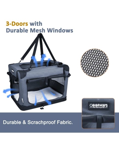 Grey - JESPET Soft Pet Crates Kennel, 3 Door Soft Sided Folding Travel Pet Carrier with Straps and Fleece Mat for Dogs, Cats, Rabbits, Indoor/Outdoor Use with Grey, Blue & Beige, Black - 36"L x 24"W x 27"H