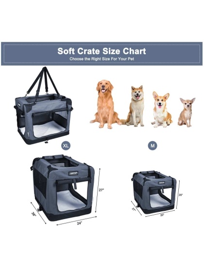 Grey - JESPET Soft Pet Crates Kennel, 3 Door Soft Sided Folding Travel Pet Carrier with Straps and Fleece Mat for Dogs, Cats, Rabbits, Indoor/Outdoor Use with Grey, Blue & Beige, Black - 36"L x 24"W x 27"H