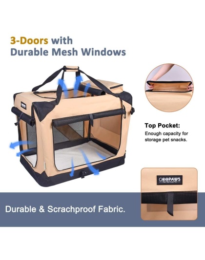 Beige - JESPET Soft Pet Crates Kennel, 3 Door Soft Sided Folding Travel Pet Carrier with Straps and Fleece Mat for Dogs, Cats, Rabbits, Indoor/Outdoor Use with Grey, Blue & Beige, Black - 30"L x 21"W x 23"H