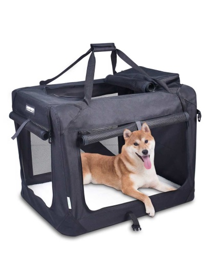 Black - JESPET Soft Pet Crates Kennel, 3 Door Soft Sided Folding Travel Pet Carrier with Straps and Fleece Mat for Dogs, Cats, Rabbits, Indoor/Outdoor Use with Grey, Blue & Beige, Black - 30"L x 21"W x 23"H