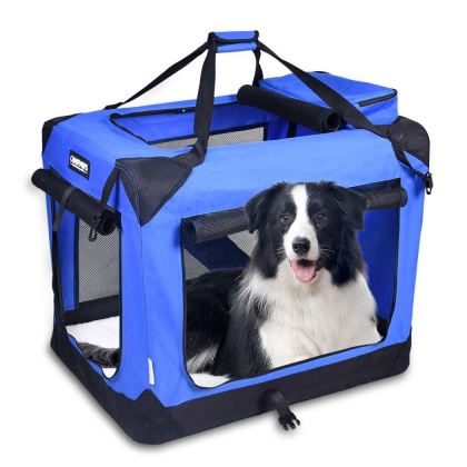 Blue - JESPET Soft Pet Crates Kennel, 3 Door Soft Sided Folding Travel Pet Carrier with Straps and Fleece Mat for Dogs, Cats, Rabbits, Indoor/Outdoor Use with Grey, Blue & Beige, Black - 30"L x 21"W x 23"H