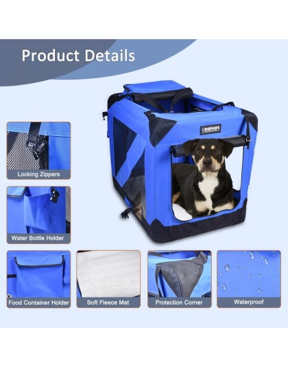 Blue - JESPET Soft Pet Crates Kennel, 3 Door Soft Sided Folding Travel Pet Carrier with Straps and Fleece Mat for Dogs, Cats, Rabbits, Indoor/Outdoor Use with Grey, Blue & Beige, Black - 30"L x 21"W x 23"H