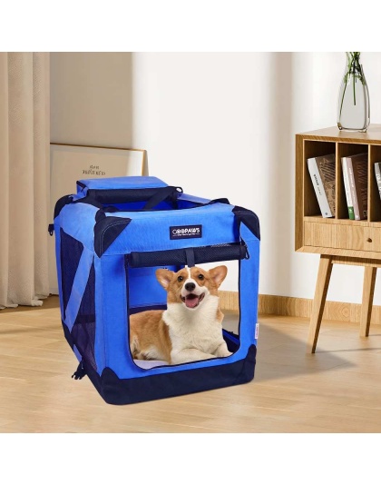 Blue - JESPET Soft Pet Crates Kennel, 3 Door Soft Sided Folding Travel Pet Carrier with Straps and Fleece Mat for Dogs, Cats, Rabbits, Indoor/Outdoor Use with Grey, Blue & Beige, Black - 30"L x 21"W x 23"H