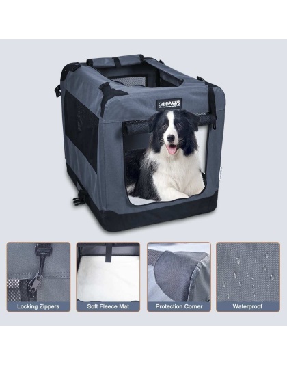 Grey - JESPET Soft Pet Crates Kennel, 3 Door Soft Sided Folding Travel Pet Carrier with Straps and Fleece Mat for Dogs, Cats, Rabbits, Indoor/Outdoor Use with Grey, Blue & Beige, Black - 36"L x 24"W x 27"H