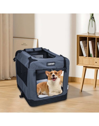 Grey - JESPET Soft Pet Crates Kennel, 3 Door Soft Sided Folding Travel Pet Carrier with Straps and Fleece Mat for Dogs, Cats, Rabbits, Indoor/Outdoor Use with Grey, Blue & Beige, Black - 36"L x 24"W x 27"H