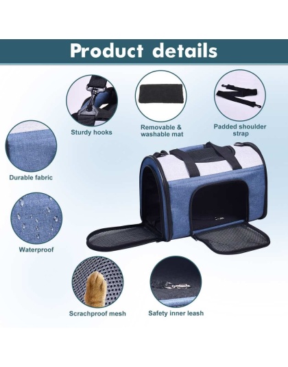 Blue Grey - JESPET Soft-Sided Kennel Pet Carrier for Small Dogs, Cats, Puppy, Airline Approved Cat Carriers Dog Carrier Collapsible, Travel Handbag & Car Seat - 16" x 10" x 11"