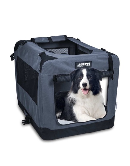 Grey - JESPET Soft Pet Crates Kennel, 3 Door Soft Sided Folding Travel Pet Carrier with Straps and Fleece Mat for Dogs, Cats, Rabbits, Indoor/Outdoor Use with Grey, Blue & Beige, Black - 26"L x 20"W x 20"H