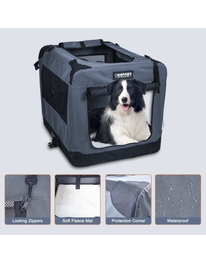 Grey - JESPET Soft Pet Crates Kennel, 3 Door Soft Sided Folding Travel Pet Carrier with Straps and Fleece Mat for Dogs, Cats, Rabbits, Indoor/Outdoor Use with Grey, Blue & Beige, Black - 26"L x 20"W x 20"H